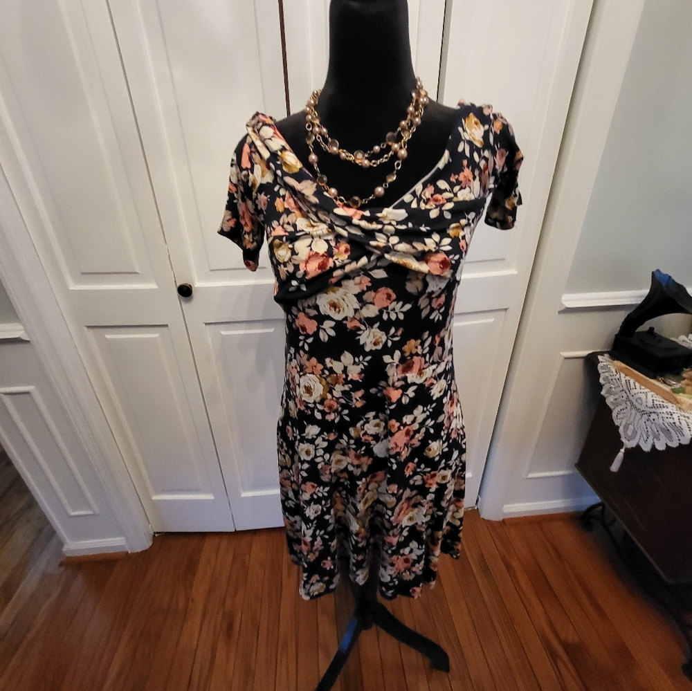 Navy and Pink Floral Draped Neck Mini Fit Flare Dress Mother's Day Graduation